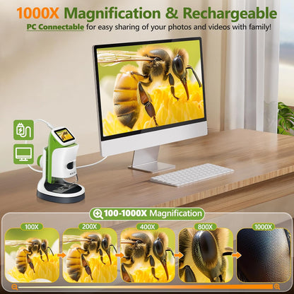 Detachable Kids Handheld Microscope Miniscope - 4K 2.0" HD Screen, 1000X Digital Pocket Toy Microscopes for Boys & Girls Ages 4-12 - Portable Science Stem Kit with Slides Set, 32G Card