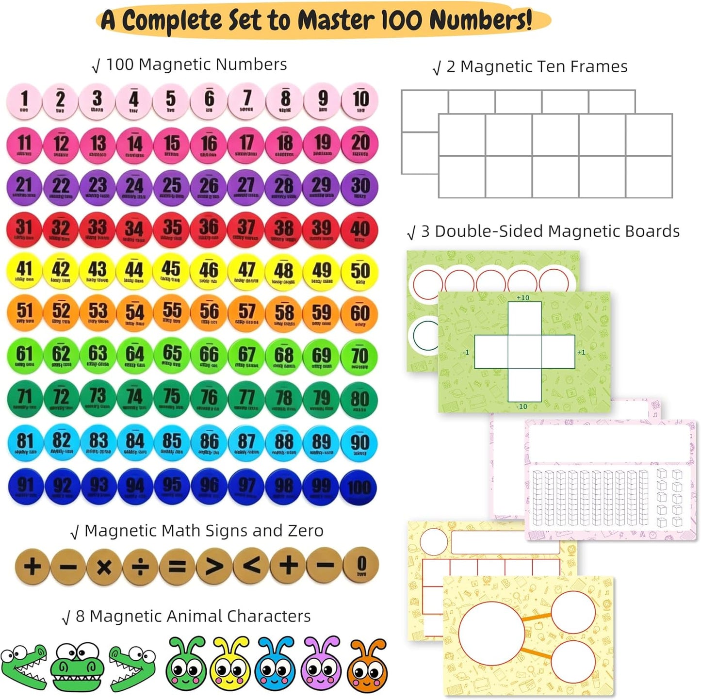 123 Pieces Jumbo Magnetic Color-Coded Large-Sized Numbers Math Counter & Ten Frame Set, Number Sense Aid Classroom Must-Have Math Manipulatives with 100 Numbers, Math Signs, Ten-Frames & Magnet Boards