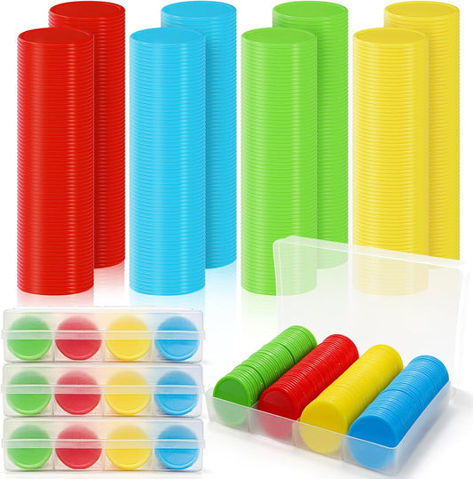 Pumtus 640 Pcs Plastic Poker Chips, 4 Colors Bingo Chips with Storage Box, 1.5 Inch Card Game Tokens, Counter Disk Counting Markers for Math Practice, Opaque Reward Coin for Teaching, Parties, Casino