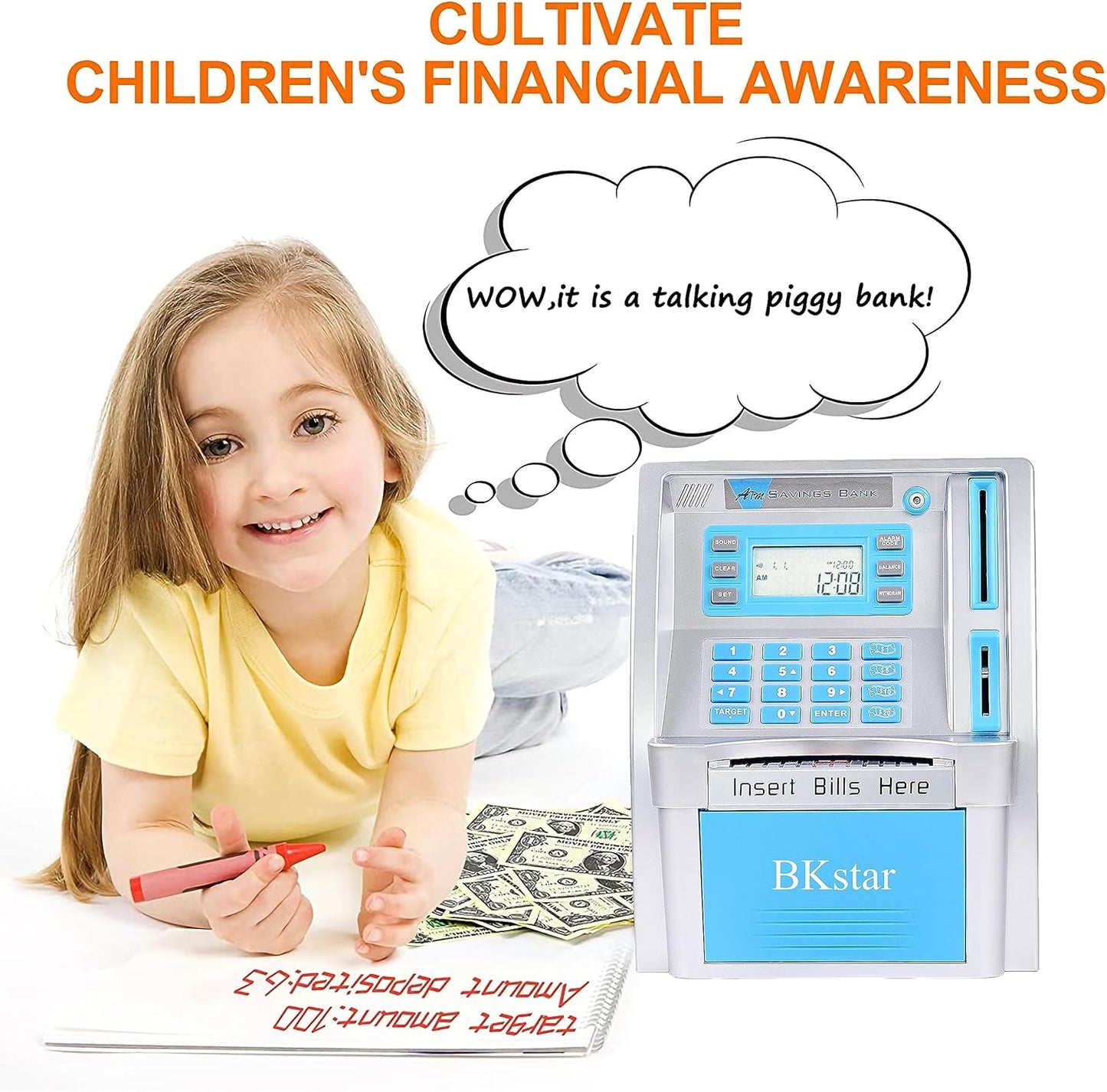 BKstar ATM Piggy Bank for Kids - Talking Electronic Money Bank with Debit Cards & Digital Coin Counter for Real Money, Boys Girls