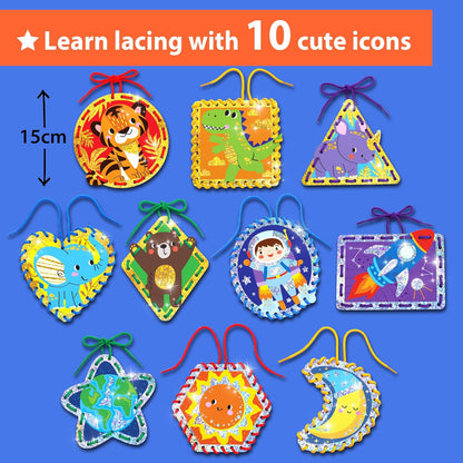 KRAFUN My First Lacing Cards Kit for Toddlers & Kids Age 3+, 10 Safari Animal Arts & Crafts Projects, Fine Motor Skills Toys with Lion Monkey Elephant Tiger Giraffe Hippo Zebra Bear