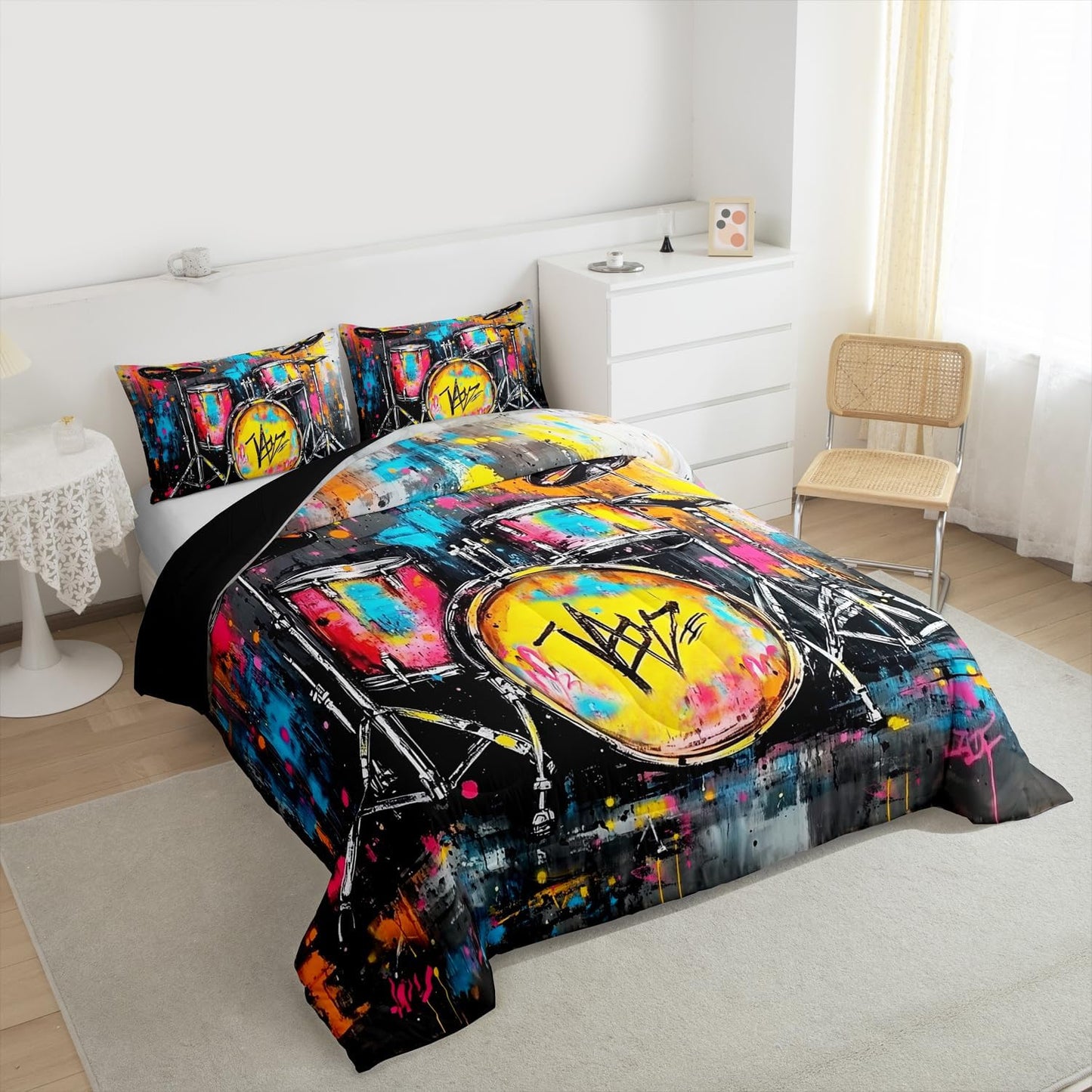Erosebridal Drum Kit 3D Print Kids Comforter Sets Rock Music Themed Full Bedding Set for Boys Girls Musical Pattern Comforter Set,Colorful Retro Style Quilt Duvet 3 Pcs