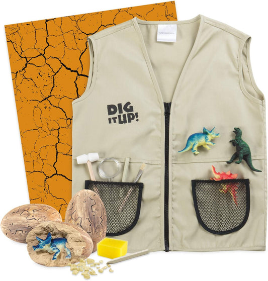 MindWare Dig It Up! Dinosaur Excavation Kit – Discovery Gift kit for Kids – Learn About Dinosaurs! – 3 Large Dino Digs with Explorer Vest, 5 Realistic Tools, Clean-up mat & Educational Fun-fact Cards