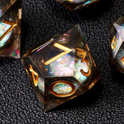 Liquid Core DND Dice Set, 7pcs Sharp Edge Dice for Role Playing Dungeons and Dragons Ttrpg with Gift Box, Handmade Resin D&D Dice RPG Role Playing Games Dice Set(Blue Gold)