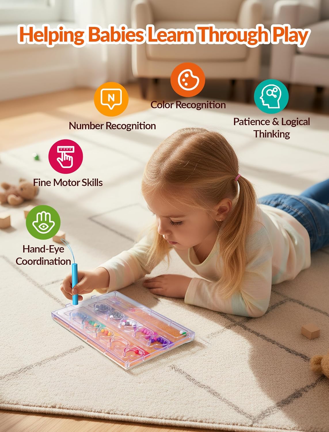 Wood Grain Magnetic Color & Number Maze – Montessori Toddler Wooden & ABS Puzzle Board with Secure Screwed Panel, Educational Color Matching & Counting Toy for Kids Ages 3+(Natural)