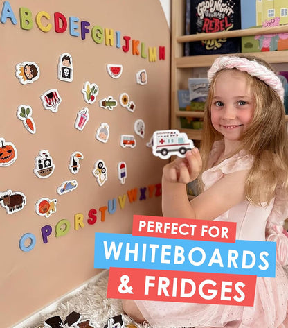 Curious Columbus Magnetic Objects and Letters. Set of 78 Foam Magnets Including 52 Pictures and 26 Uppercase Alphabet Magnets from A-Z. Educational Toy for Preschool Learning