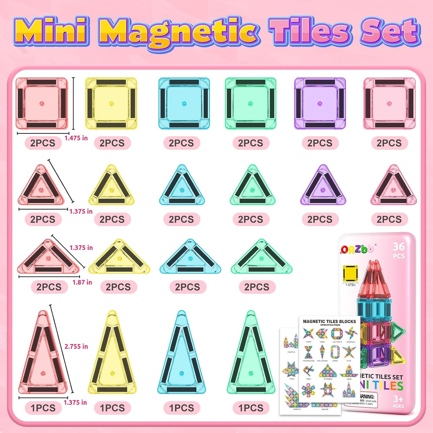 Magnetic Tiles Mini Travel Toddler Set, Magnetic Blocks Building Kids Toys & Games, Montessori Preschool Classroom Must Haves Educational Learning Sensory Toys for 3+ Year Old Boys Girls Birthday Gift