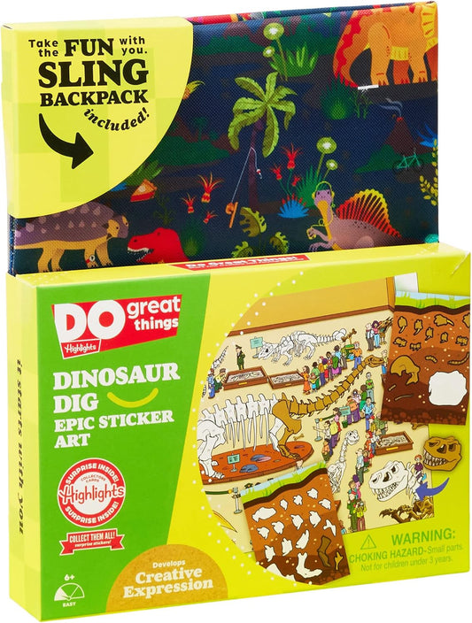 Highlights for Children Dinosaur Sticker by Number Craft Kit for Kids,Create a Jumbo Dino Museum Exhibit Poster with 60+ Glow in The Dark Stickers, Includes Reusable Sling Backpack for Storage,Ages 6+