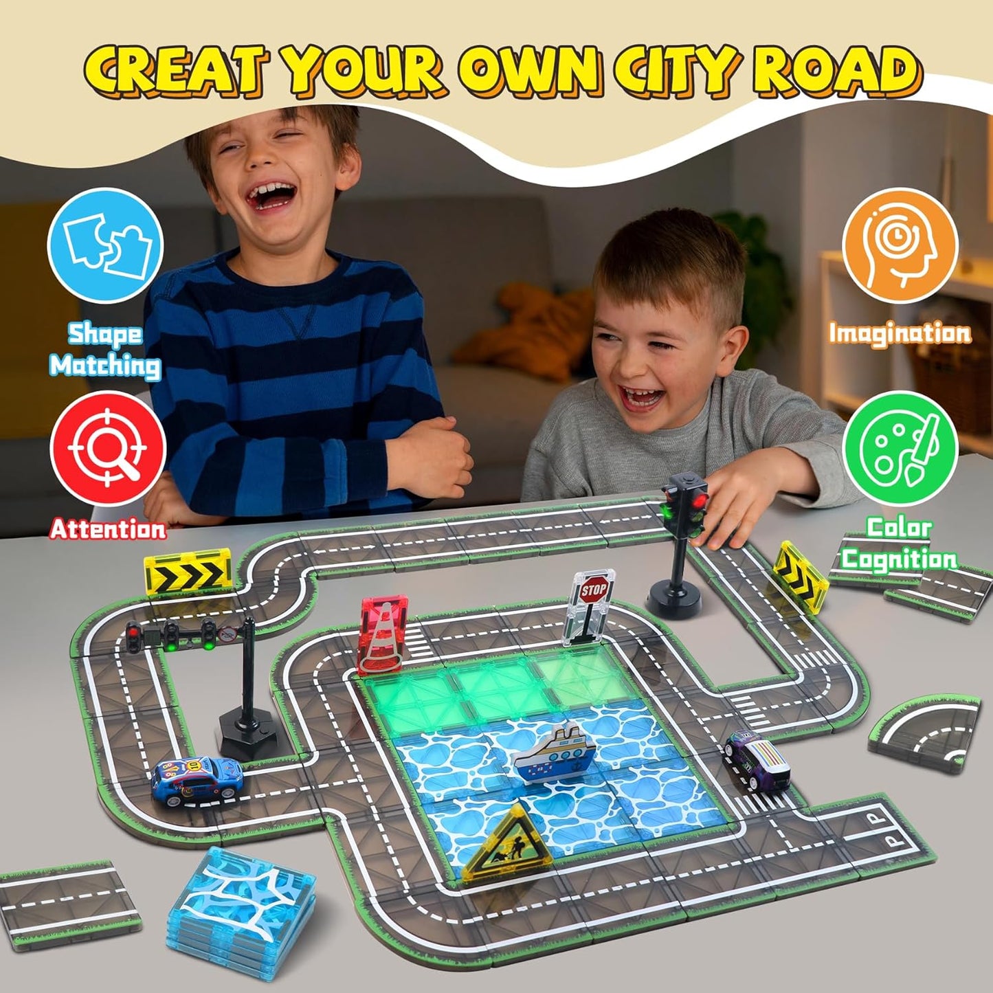150PCS Magnetic Tiles Road Set with Marble Run, Preschool Magnet Tiles Included Magnetic Cars. STEM Magnetic Tiles for Kids, Preschool Educational Building Toys for Boys & Girls