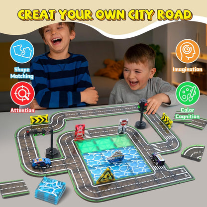 150PCS Magnetic Tiles Road Set with Marble Run, Preschool Magnet Tiles Included Magnetic Cars. STEM Magnetic Tiles for Kids, Preschool Educational Building Toys for Boys & Girls