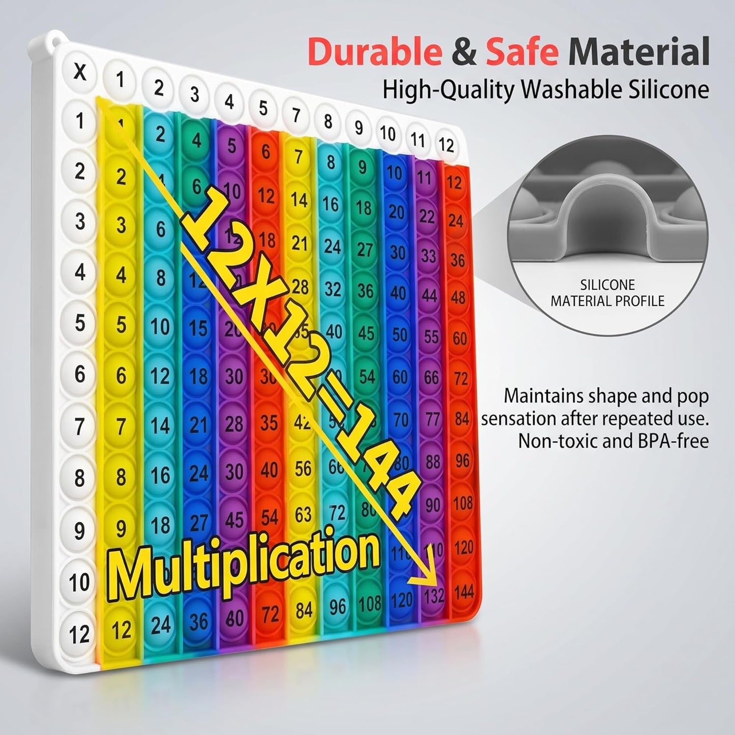 Multiplication Learning Board, 12x12 Multiplication Tables, Push Bubble Sensory Classroom & Home Learning Multiplication Chart Tool，Fidget Game for Teachers to Create a Variety of Math Operations