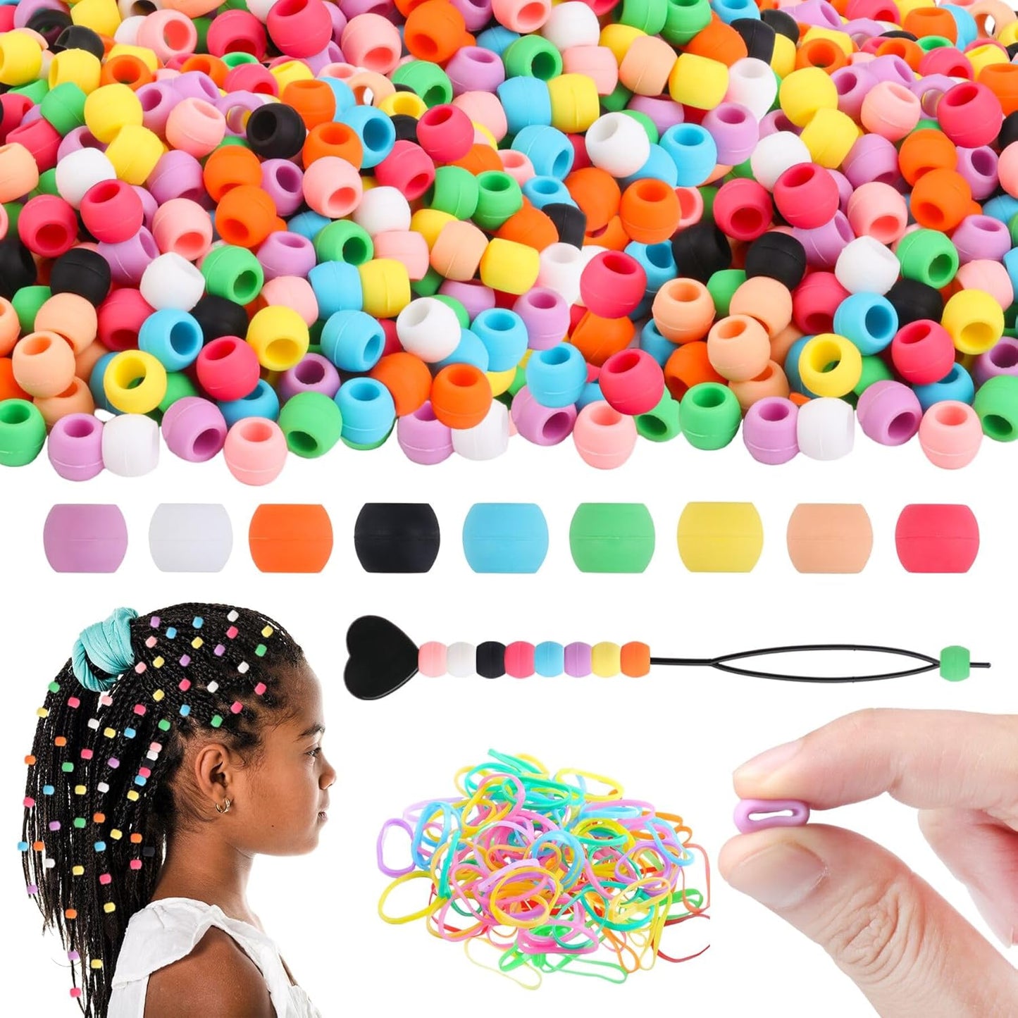 300 Small Silicone Hair Beads for Girls Kids Women, 7*5mm Colorful Soft Mini Silicone Beads for Bracelet, Hair Braids, DIY Crafts, Plastic Quick Beader for Hair Braid, 50 Elastic Rubber Bands