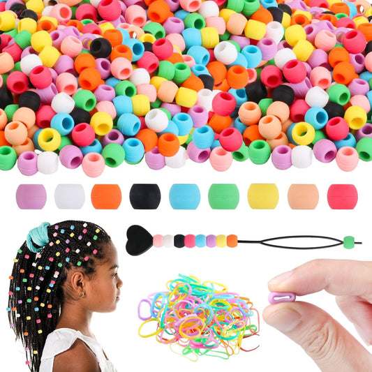 300 Small Silicone Hair Beads for Girls Kids Women, 7*5mm Colorful Soft Mini Silicone Beads for Bracelet, Hair Braids, DIY Crafts, Plastic Quick Beader for Hair Braid, 50 Elastic Rubber Bands