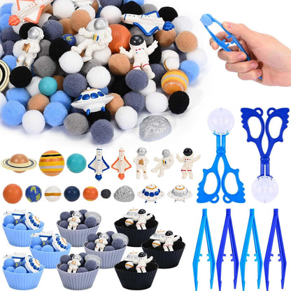 Sanixn 152 Pcs Space Sensory Bin Fillers Outer Space Fine Motor Skills Astronauts Sensory Bin Item Pompoms Cups Tweezers Scissor Clips for Preschool Education Activities Sorting Counting(Space)
