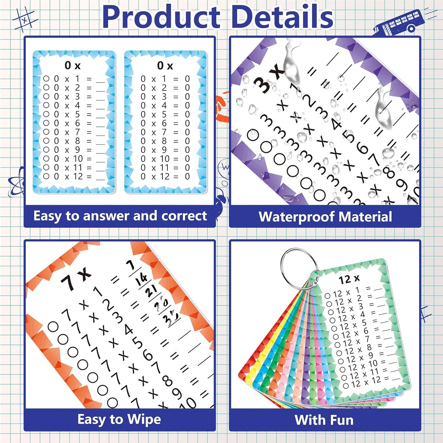 1 Set of 13 Multiplication Flashcard Math Game Times Table Flash Cardstock with 2 Dry Erase Markers and 2 Rings for Grades 1 to 3 Kids Fun Classroom Learning Supplies
