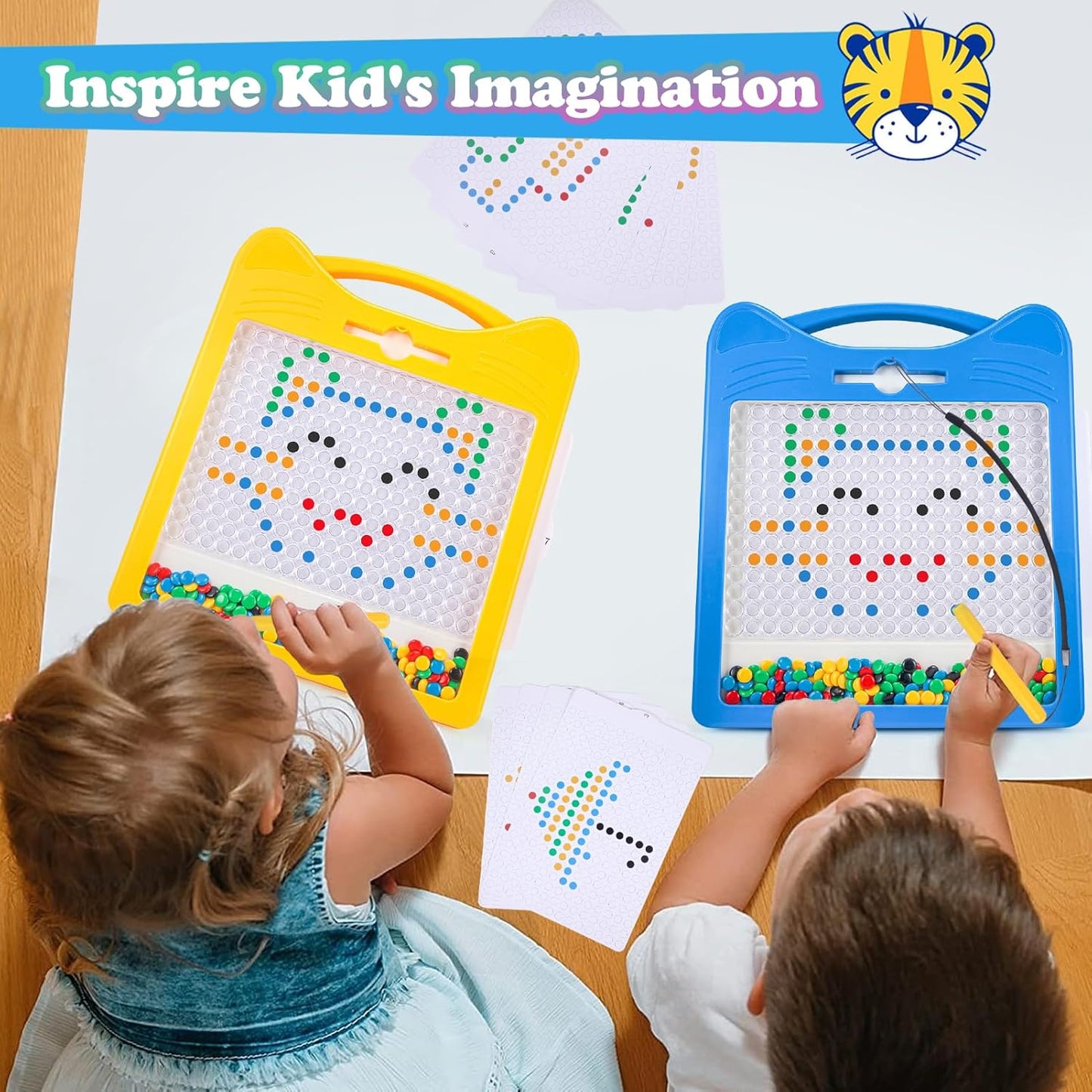 Magnetic Drawing Board for Kids, Toddler Magnet Doodle Board with Beads and 2 Pens, Magnetic Dot Art Toys, Airplane Car Travel Activities (Blue Cat)