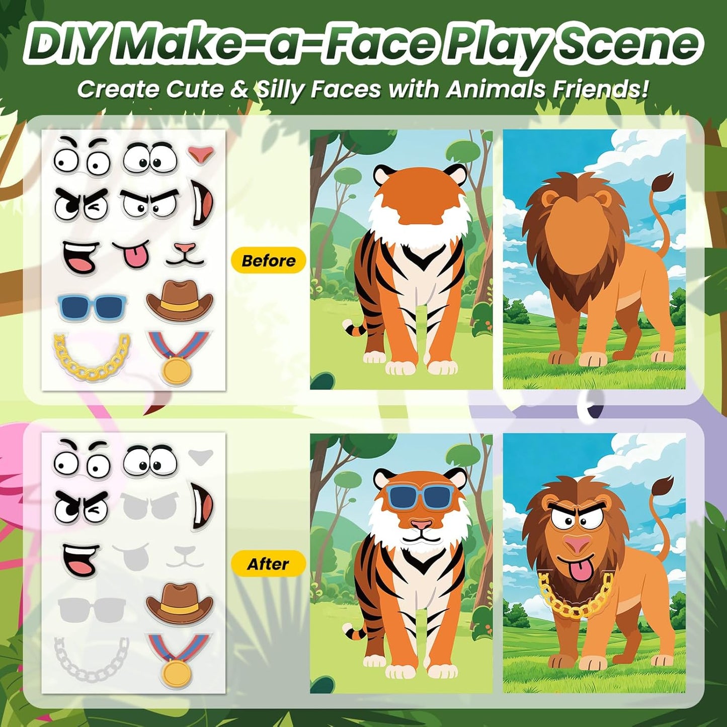 Animals Reusable Sticker Book for Toddlers, DIY Make-a-face Animals Jelly Fun 3D Stickers, Washable Puffy Stickers for Kids Toys, Airplane Road Trip Travel Activities Essentials for Kids 3 4 5 Years