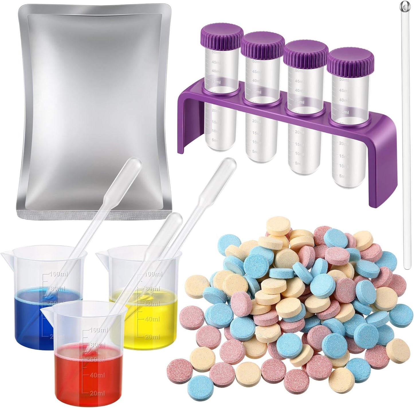 Colorful Science Experiment Kit for Kids, 120 Color Fizzers(Red, Yellow & Blue), Lab Science Test Tubes and Holder, Beakers, Droppers for STEM Activities Educational Gifts