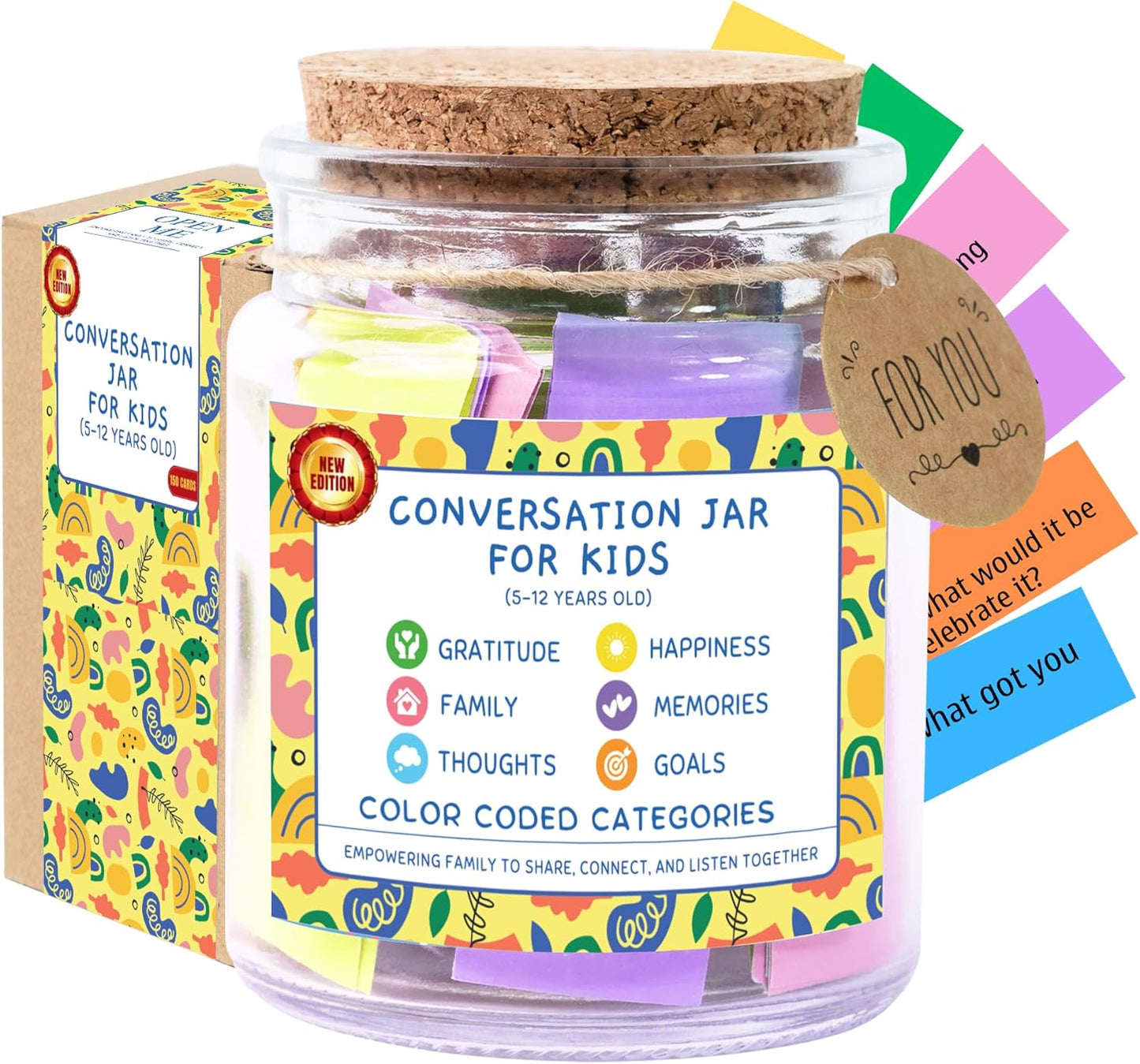 Conversation Cards for Kids In Jar, 150 Cards, Connect, Build Social Emotional Learning Skills, Mental Health Decor for School, Counseling Decor, Back to School Supplies