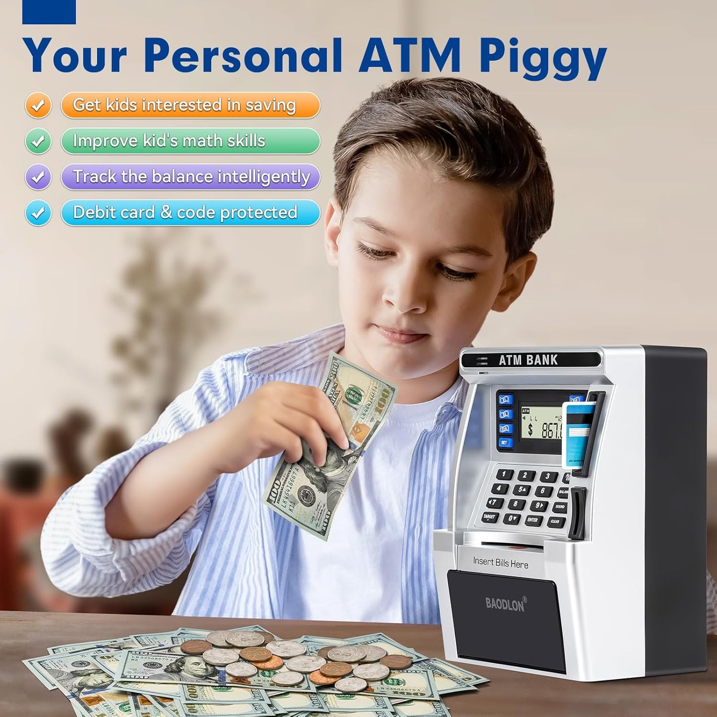 BAODLON Piggy Bank for Kids, ATM Machine Bank for Real Money with Debit Card, Bill Feeder, Coin Recognition, Balance Calculator, Electronic Savings Safe Box, Cool Stuff Toys Gifts for Teen Boys Girls