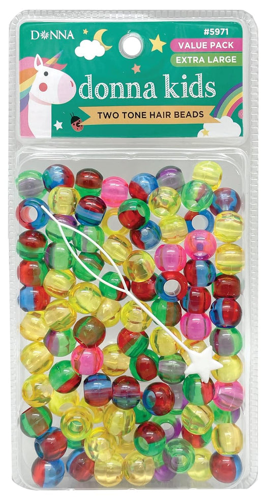 DONNA Kids Two Tone Hair Beads – Extra Large Pony Beads for Braids, Twists & Ponytails – Assorted Colors with Threading Tool – Value Pack for Girls