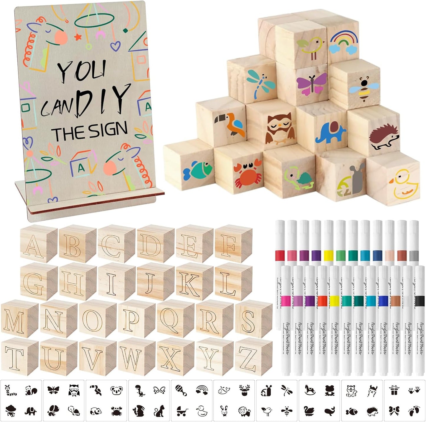 117 Pcs Baby Shower Blocks to Decorate Game Kit Includes 52 Wooden Blocks 24 Markers 1 Game Sign 40 Templates to Paint (Kraft)