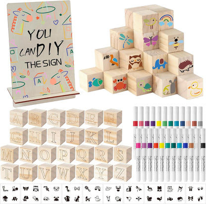 117 Pcs Baby Shower Blocks to Decorate Game Kit Includes 52 Wooden Blocks 24 Markers 1 Game Sign 40 Templates to Paint (Kraft)