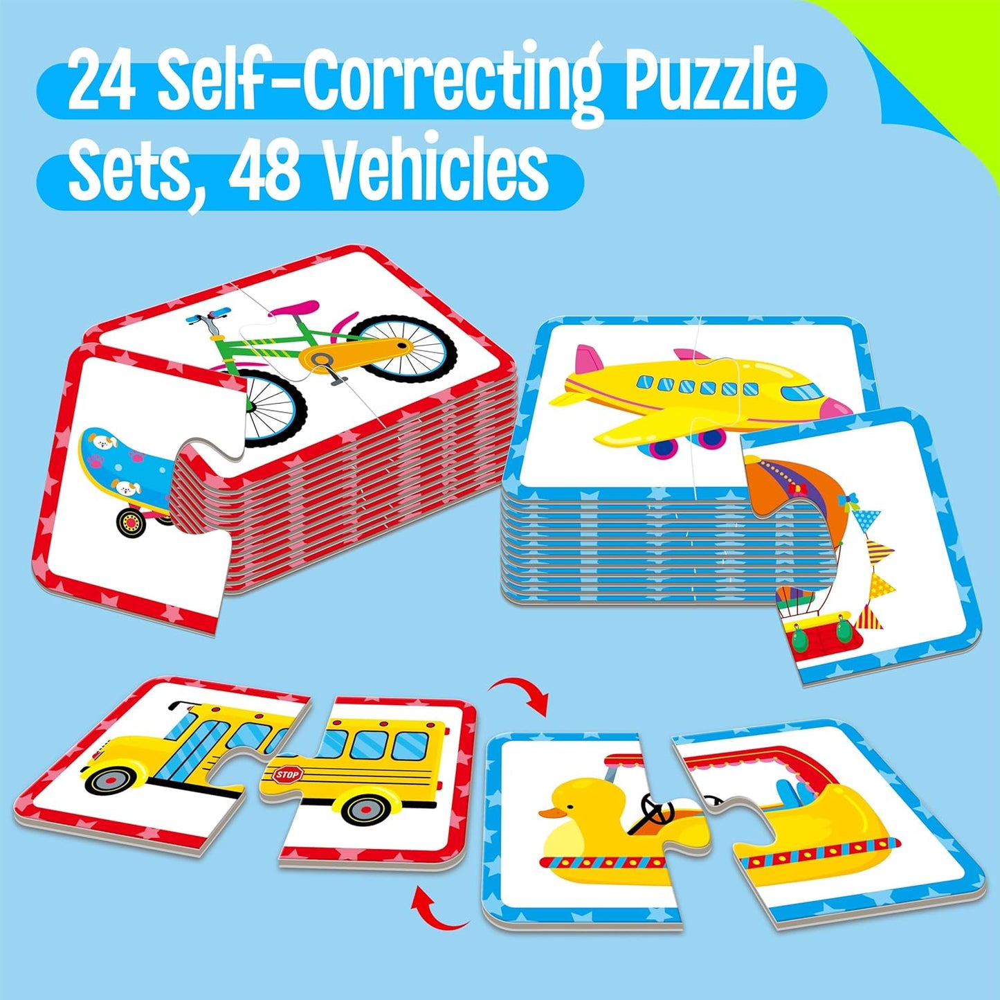 48 Food Matching Puzzles with Error-Correction Mechanism Pre-Primer in 2 Pieces, Perfect for Preschool Learning (24 Blocks Double Sided)