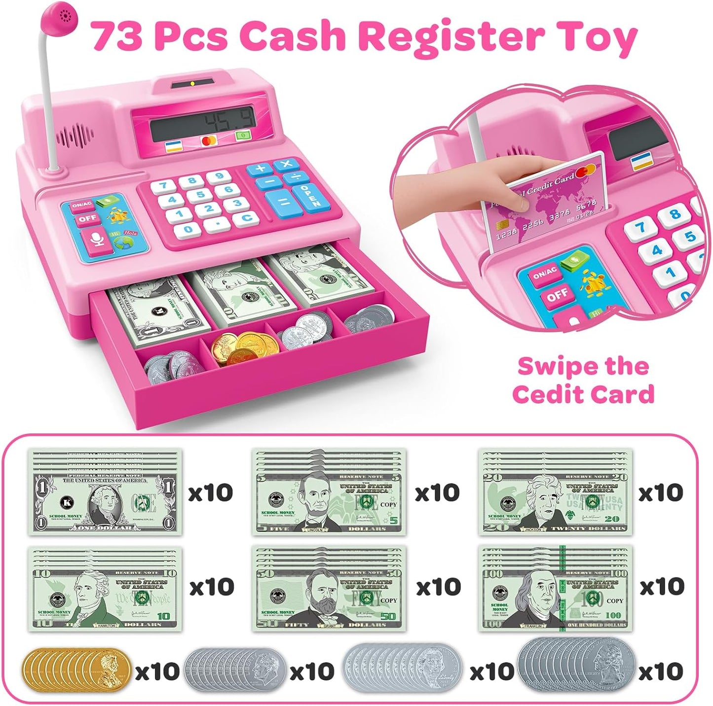 BAODLON Calculator Cash Register - 103 Pcs Pink Toy Cash Register, Microphone, Credit Card and Banking for Kids, Early Math Skills Toys Gifts for 3, 4, 5, 6 7 8+ Years Old Boys Girls
