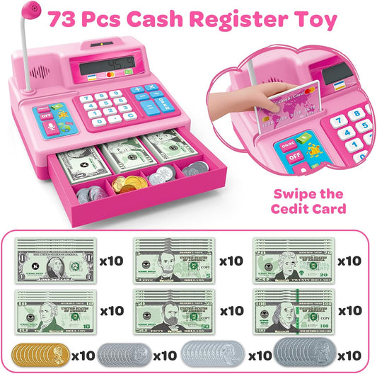 BAODLON Calculator Cash Register - 103 Pcs Pink Toy Cash Register, Microphone, Credit Card and Banking for Kids, Early Math Skills Toys Gifts for 3, 4, 5, 6 7 8+ Years Old Boys Girls