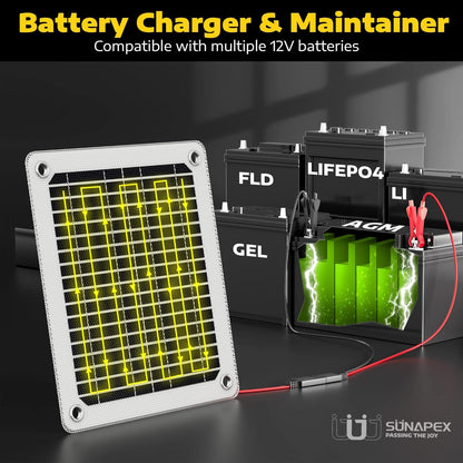 SUNAPEX 12V 10 Watt Solar Trickle Charger Maintainer - Waterproof Solar Powered Battery Charger - Solar Panel Kit Built-in Smart Charge Controller for Car Rv Trailer Truck Boat Automotive Marine