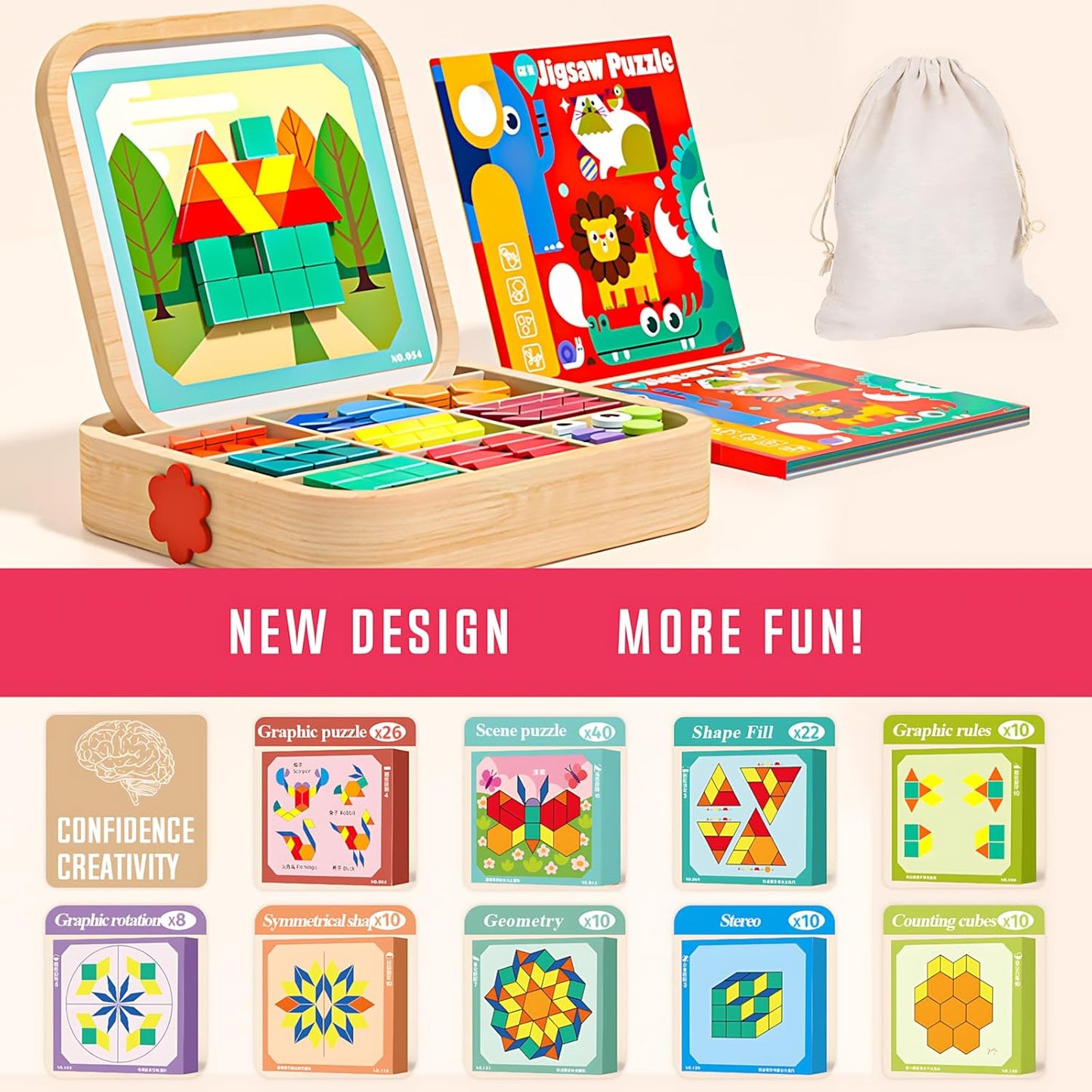 248 Pcs Wooden Magnetic Pattern Block Set with Cards, Pen & Storage Bag, Montessori STEM Tangram Puzzle Toys for Toddlers 4 5 6 7 8, Educational Brain Teaser Gift for Boys Girls