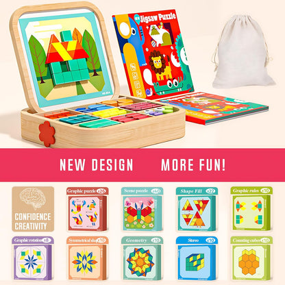 248 Pcs Wooden Magnetic Pattern Block Set with Cards, Pen & Storage Bag, Montessori STEM Tangram Puzzle Toys for Toddlers 4 5 6 7 8, Educational Brain Teaser Gift for Boys Girls