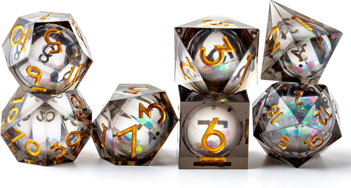 Liquid Core DND Dice Set, 7pcs Sharp Edge Dice for Role Playing Dungeons and Dragons Ttrpg with Gift Box, Handmade Resin D&D Dice RPG Role Playing Games Dice Set(Blue Gold)