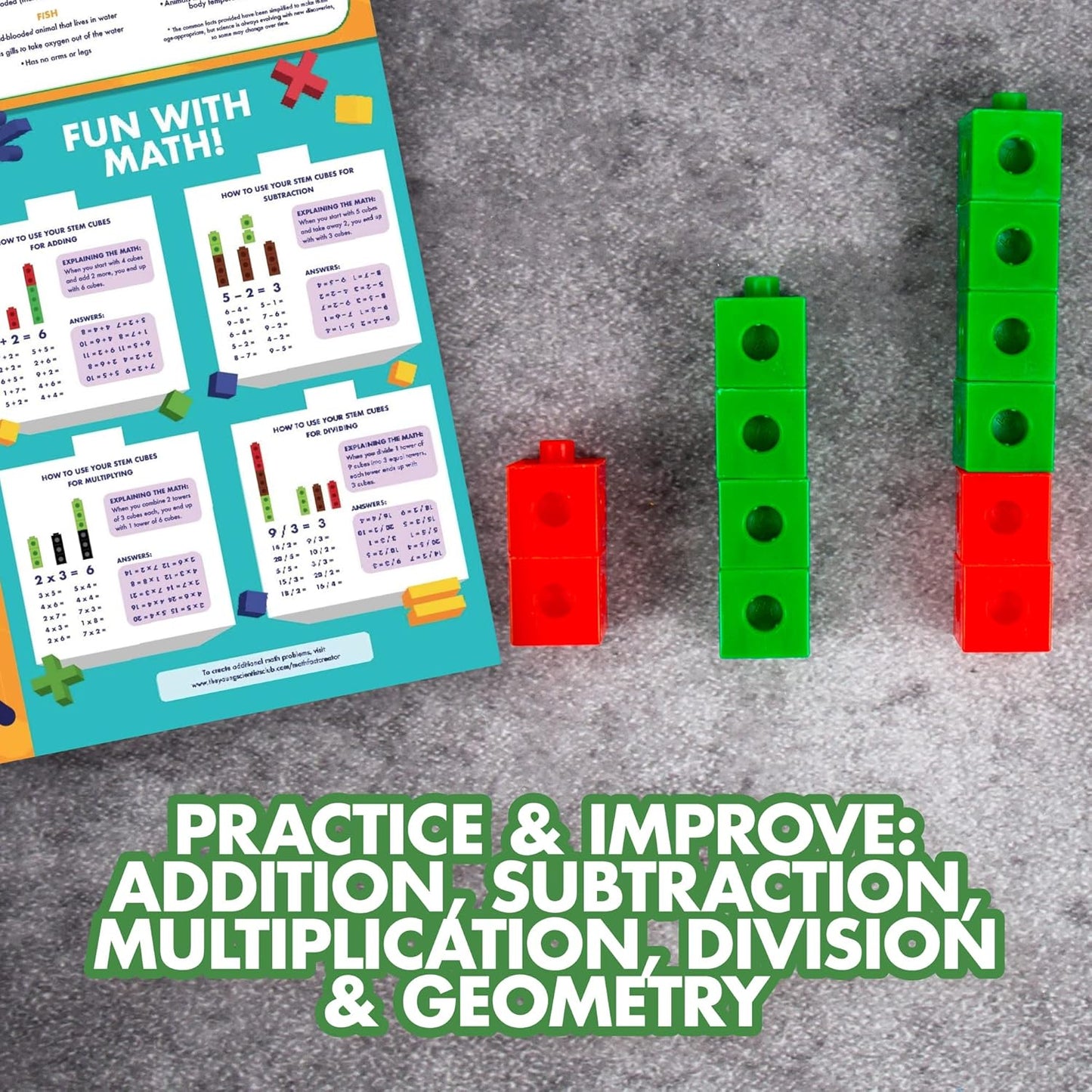 The Young Scientists Club STEM Cubes, Build, Learn & Create with 100+ Math Cubes Manipulatives, 4-in-1 Educational Games, Math Cubes for Kids Ages 4-8, Awesome Learn Through Play Toys