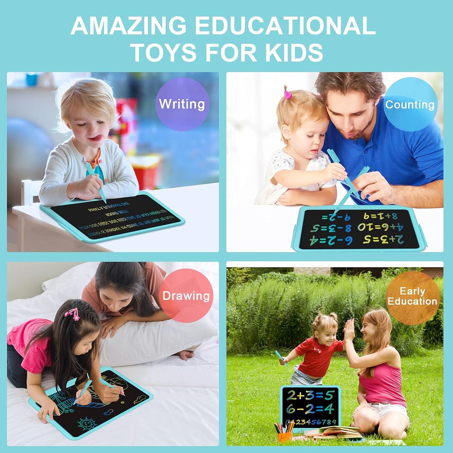 FLUESTON LCD Writing Tablet for Kids, 10 Inch Doodle Board, Colorful Drawing Pad for Toddler, Educational Travel Toy Gifts for 3-8 Year Old Girls Boys, Erase Lock Writing Board