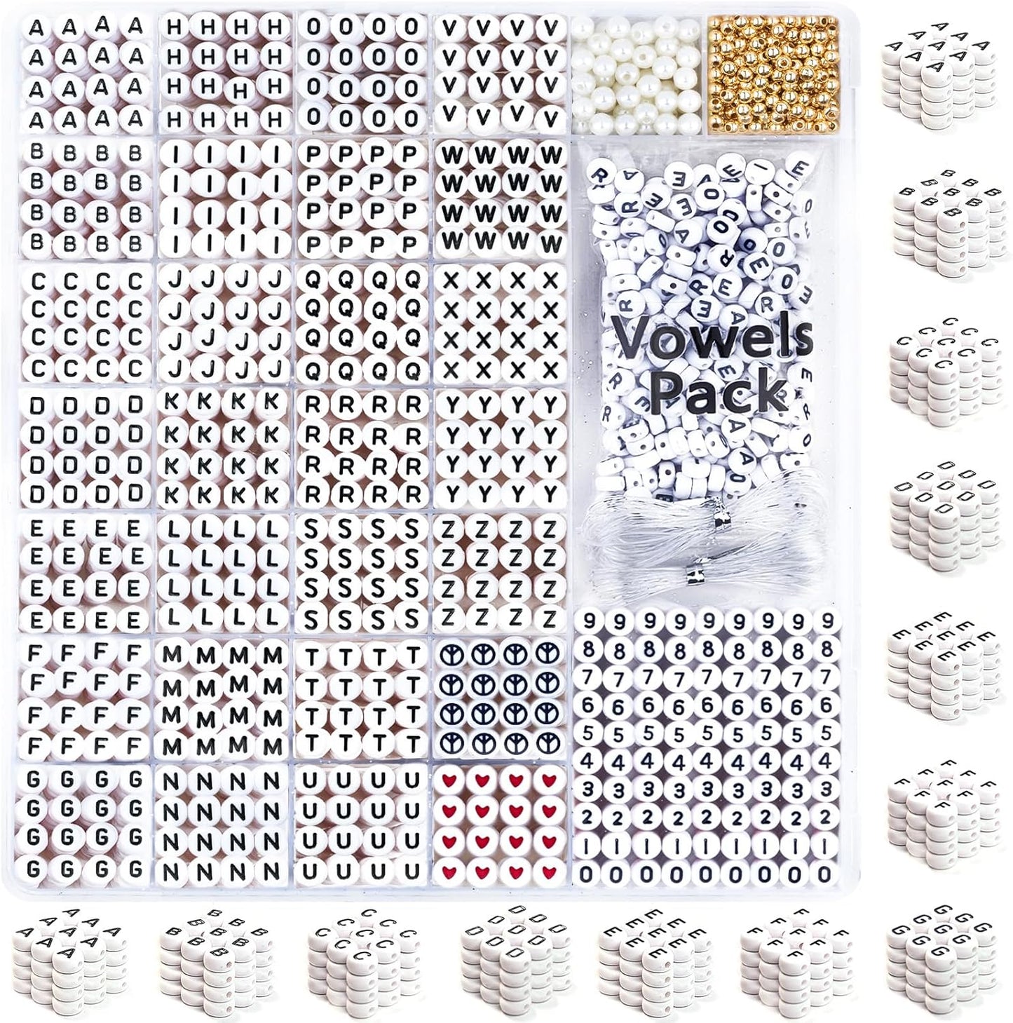 DoDoBeads 1270 Pcs Letter Beads Kit, White and Colorful Square Acrylic Alphabet Beads with Extra Vowels, Numbers & Spacers, Perfect for Friendship Bracelets