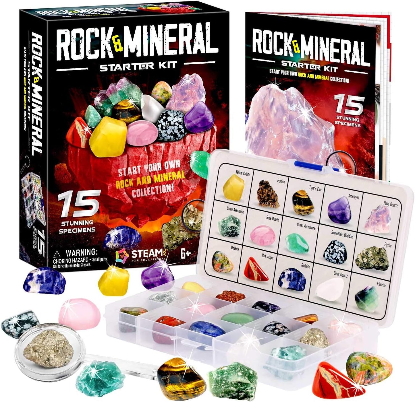 Rocks Collection - 15-Piece Rock Collections for Kids - Cool Geology Gem Kit with Identification Sheet - Gemstones Set Box with Learning Guide and Storage Case - Educational Gift for Kid