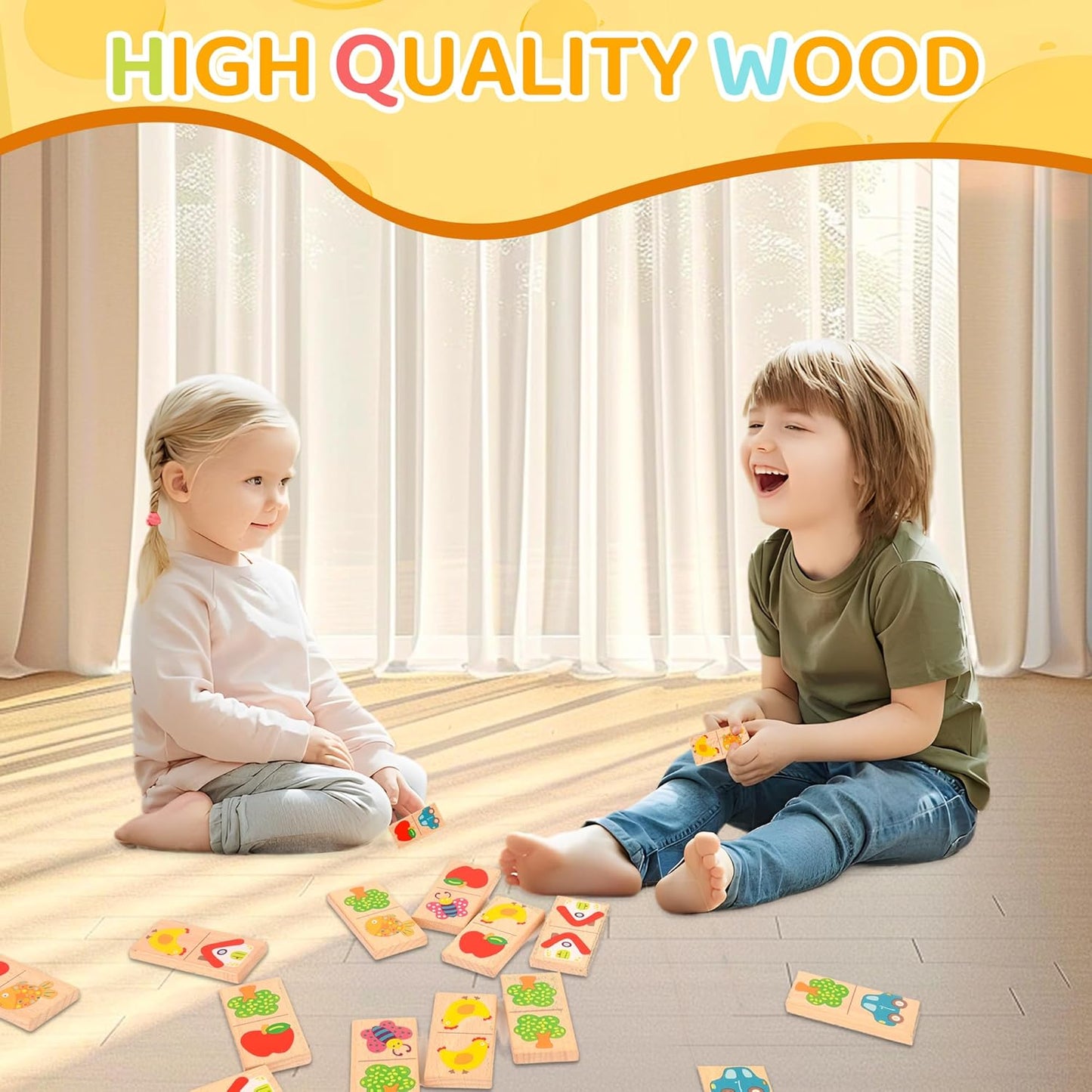 28 Pcs Wooden Domino Puzzle Game - Multicolor Fruit & Animal Design, Educational Family Logic and Thinking Skill Development Toy, Children's Dominoes with Pictures, Gifts for Preschool and Age 3+