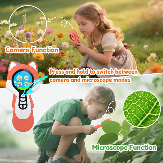 Microscope Camera for Kids Gifts Toys- Handheld Pocket Microscopes with Endoscope and Autofocus Mini Digital Educational Science Kit for Christmas Birthday for Age 3-5 5-7 8-12 Girls Boys, Fox