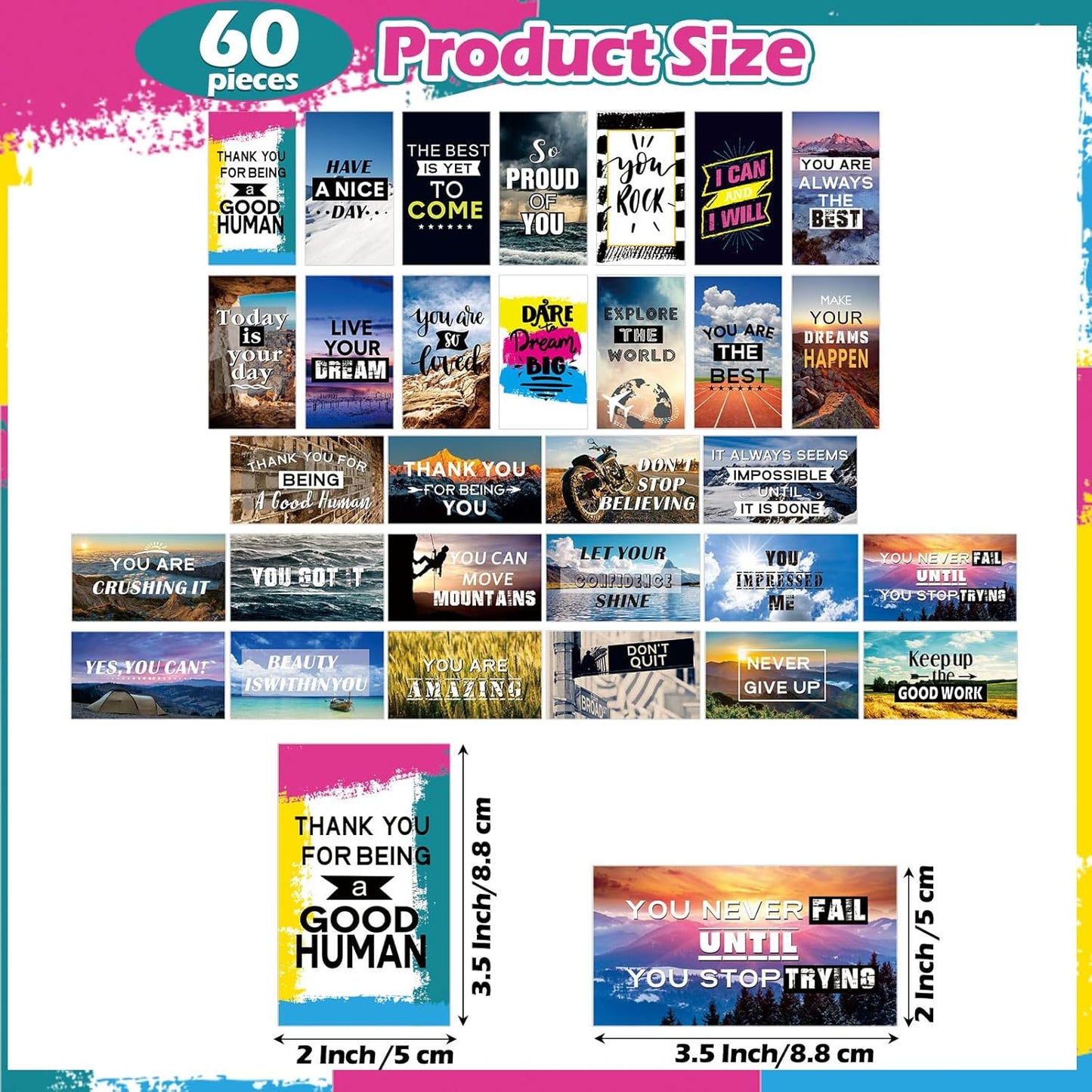 Xuhal 60 Pcs Inspirational Magnets Bulk Rectangle Positive Affirmation Magnets Decals Decorative Inspiring Quotes Fridge Magnetic Stickers for Adults Students Team Motivational Gifts (Classic)