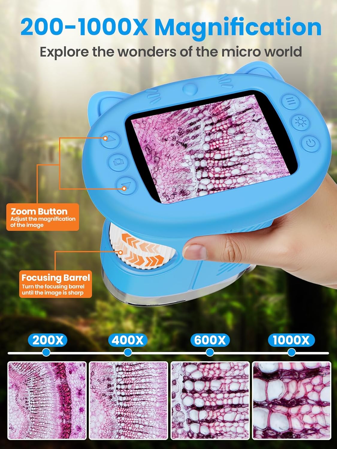 Microscope for Kids, 2.4 Inch Digital Microscope with 1000X Magnification, Handheld Camera Mini Pocket Magnifying Glass, Educational Birthday Gifts Toys for Ages 3+, Blue