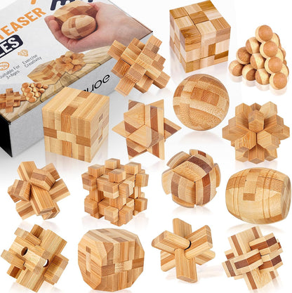 Wooden Brain Teaser Puzzles, 12pcs 3D Brain Teasers for Adults Teens Kids, Logic Mind Puzzle Box Lock Toy Removing Assembling Gift Set, Small Unique IQ Hand Puzzles