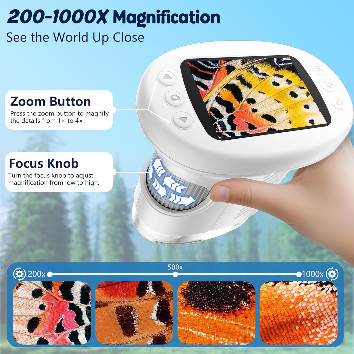 Odatay 4K 1000X Digital Microscope for Kids with Long Distance Viewing & 2.4" Screen, Portable Handheld Edu Toys for Kids Age 3-12 Exploring Bugs Plants at Home Classroom & Outdoor Travel, Yellow