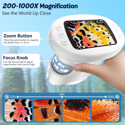 Odatay 4K 1000X Digital Microscope for Kids with Long Distance Viewing & 2.4" Screen, Portable Handheld Edu Toys for Kids Age 3-12 Exploring Bugs Plants at Home Classroom & Outdoor Travel, Yellow