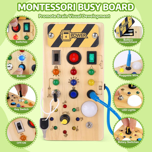 wakeInsa Busy Board with led Light， Sorting Sensory Travel Toys for Toddlers 1-3， Wooden Toddler Busy Board Montessori Toys for 1+ Year Old