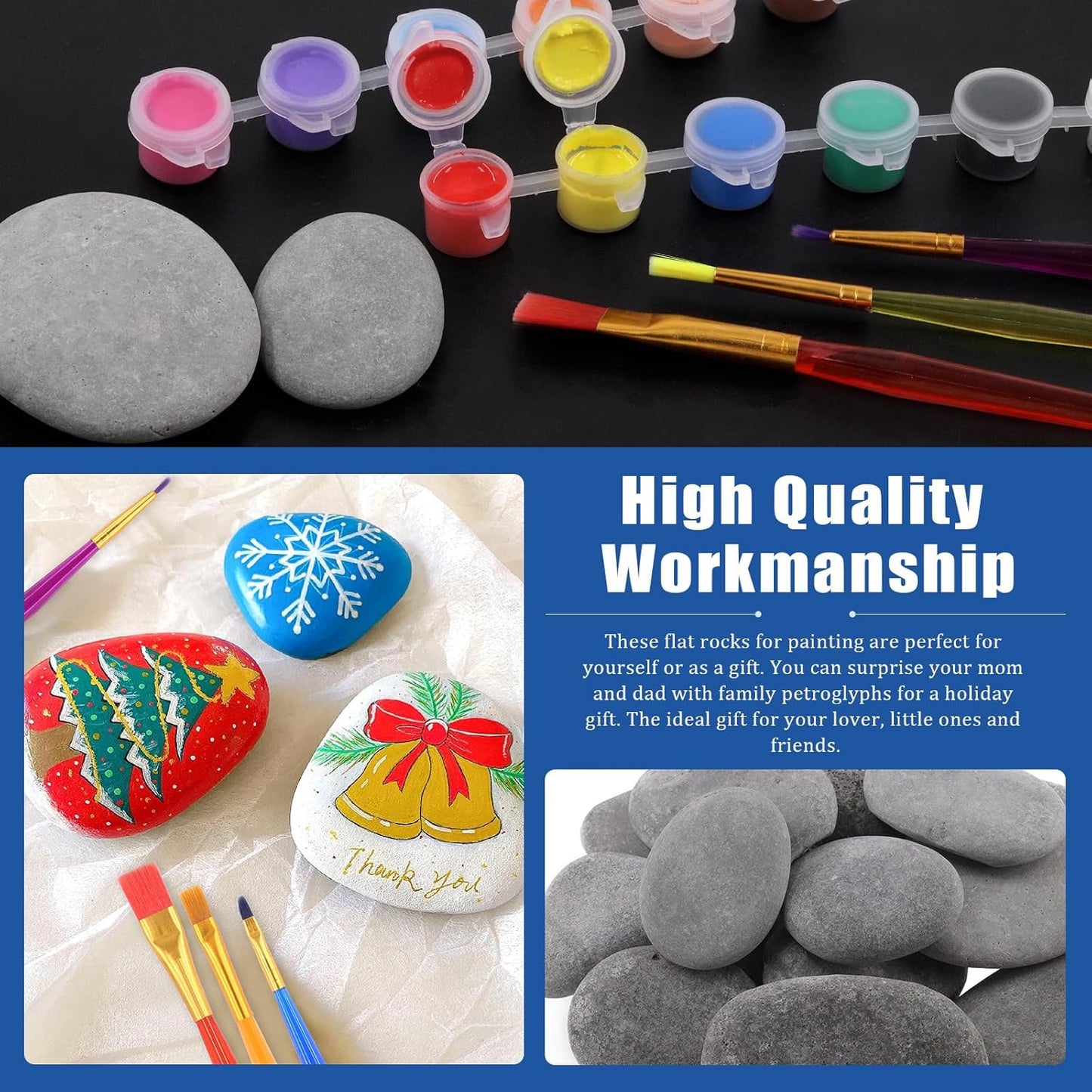 Glarks 34Pcs Rock Painting Kit, Including 15Pcs 2"-3" Flat Painting Stones River Rocks, 12 Colors Non-Toxic Washable Paint, 6Pcs Paint Brushes and 1Pc Palette for DIY Arts and Craft Activities