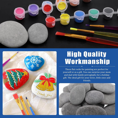 Glarks 34Pcs Rock Painting Kit, Including 15Pcs 2"-3" Flat Painting Stones River Rocks, 12 Colors Non-Toxic Washable Paint, 6Pcs Paint Brushes and 1Pc Palette for DIY Arts and Craft Activities