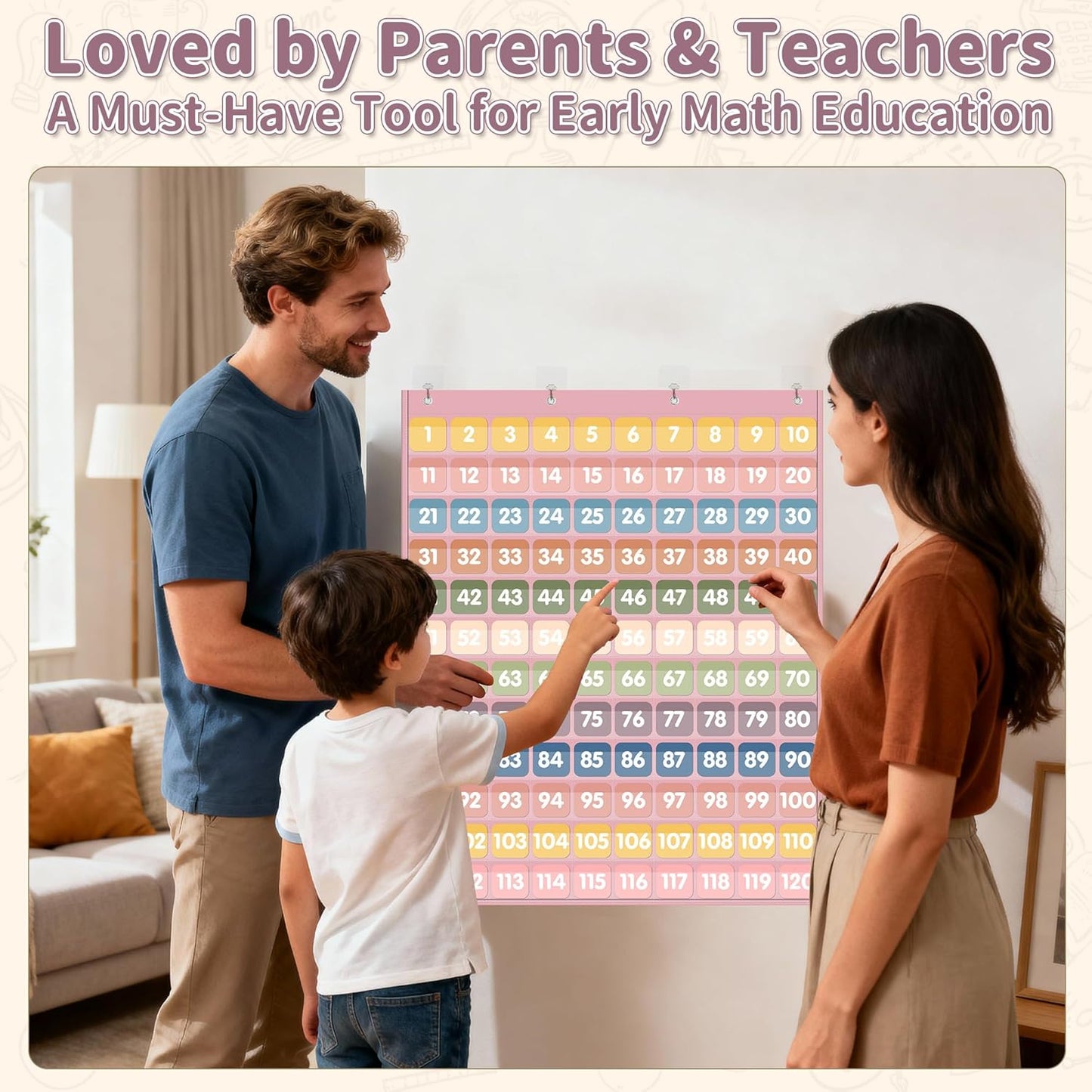 Yoink 100 Pockets Number Chart with 120 Double-Sided Number Cards, Boho Hundred Pocket Chart for Classroom Homeschool Teachers Kids Learning, Pink