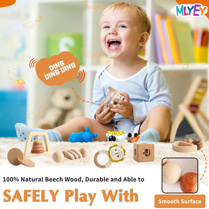 Wooden Rattles for Baby, 7PCS Wooden Montessori Toys for 7-24 Months Baby Boy Girl, Natural Beech Wood Grasping Toy, Gift for Babies
